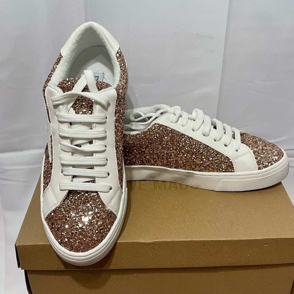 Steve Madden Rose Gold Glitter Low-Top Sneakers with White Accents